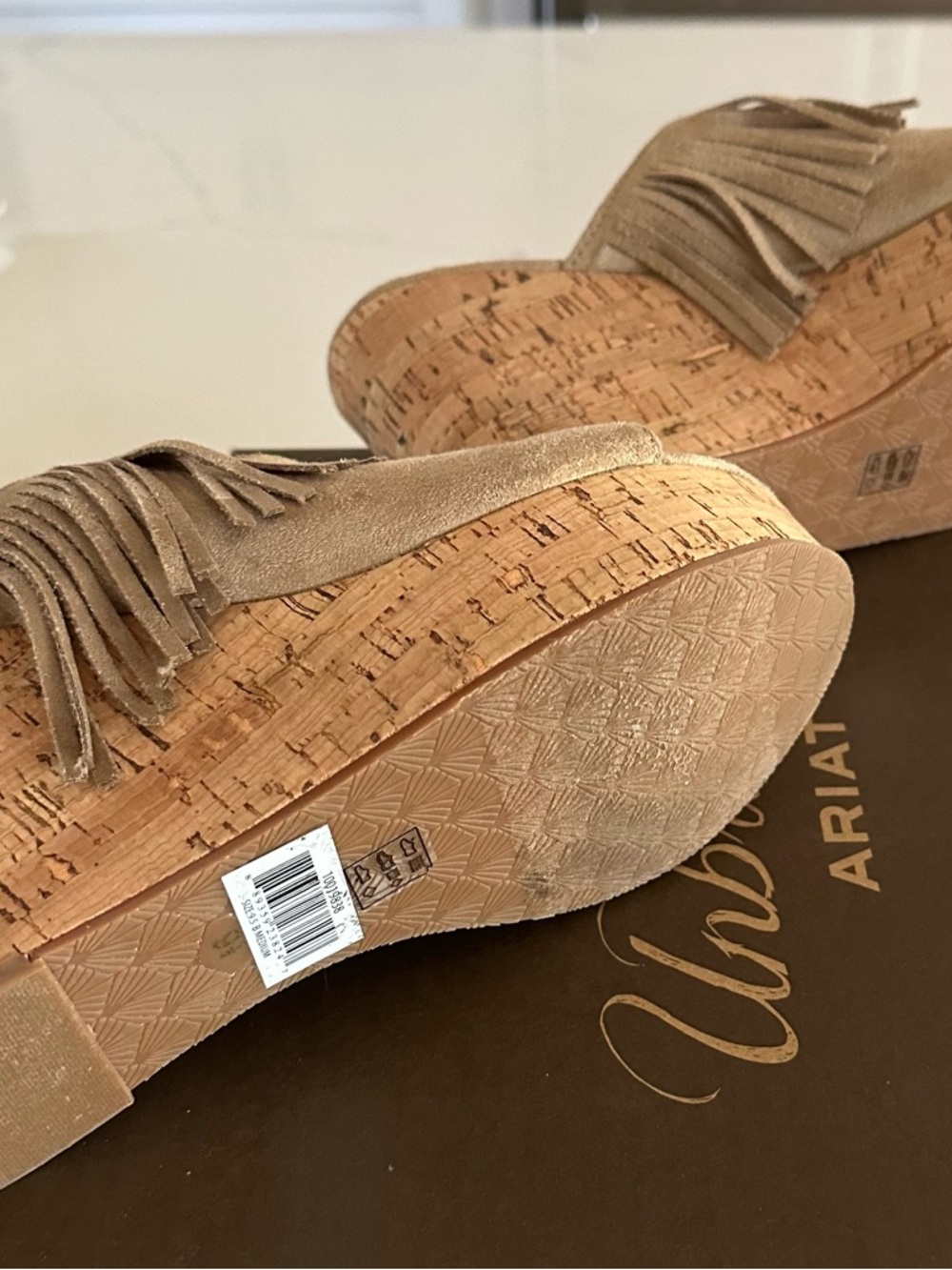 Ariat Women's Suede Fringe Cork Platform Wedge Sandals in Tan - Picture 2 of 3